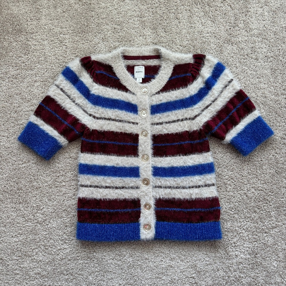 Maeve Anthropologie Fuzzy Striped Short Sleeve Cardigan Blue Maroon OB2141237 S
